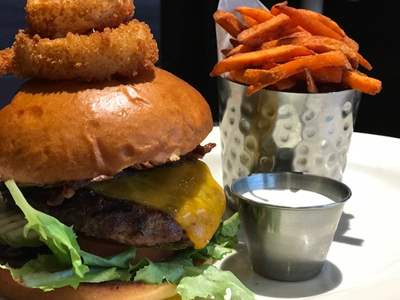 BBQ Bacon burger and sweet potato fries